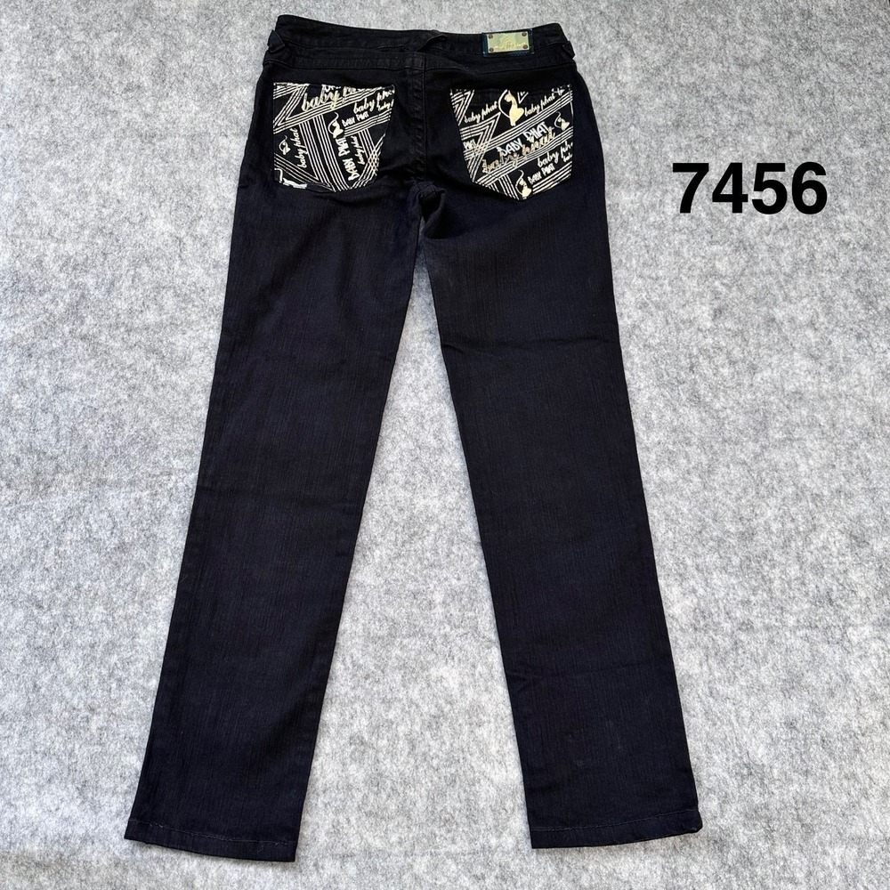 Baby Phat Black Straight Leg Jeans Gold Cat Logo Graphic Back Pockets Size 3